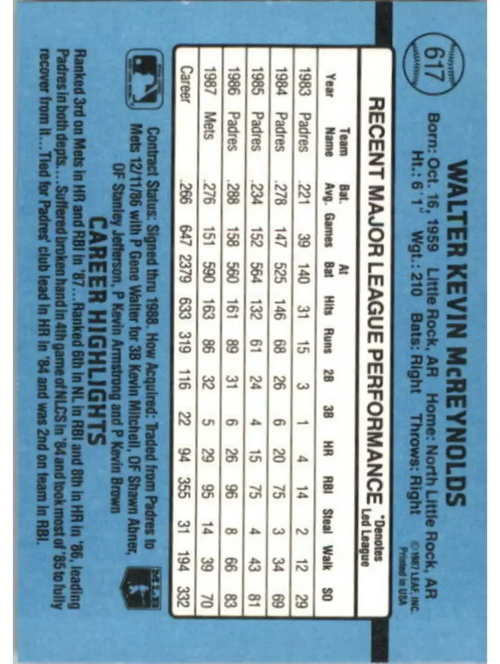 1988 Kevin McReynolds Donruss Baseball Card #617